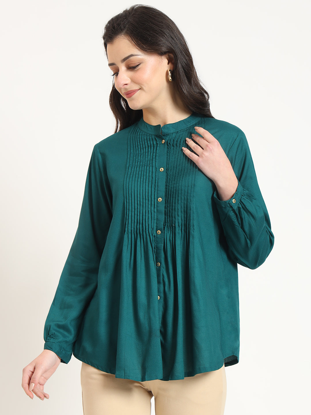 ESHANI Turquoise Solid Print Rayon Fabric Straight Top