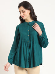 ESHANI Turquoise Solid Print Rayon Fabric Straight Top