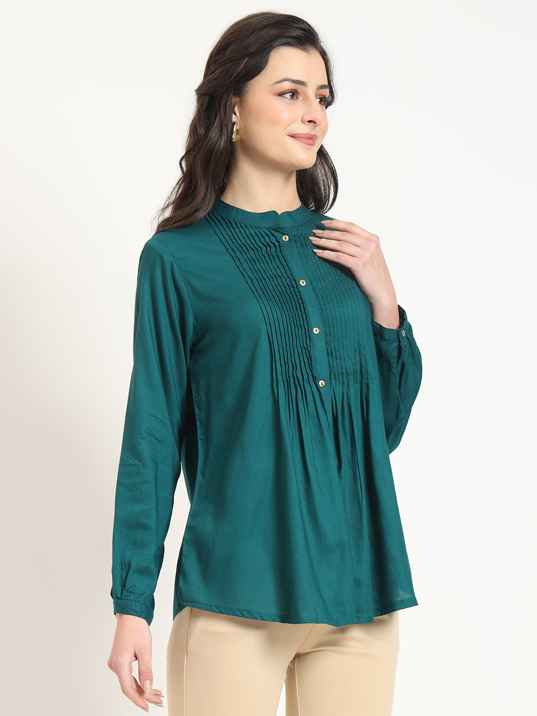 ESHANI Turquoise Solid Print Rayon Fabric Straight Top