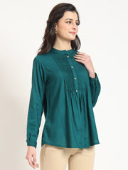 ESHANI Turquoise Solid Print Rayon Fabric Straight Top