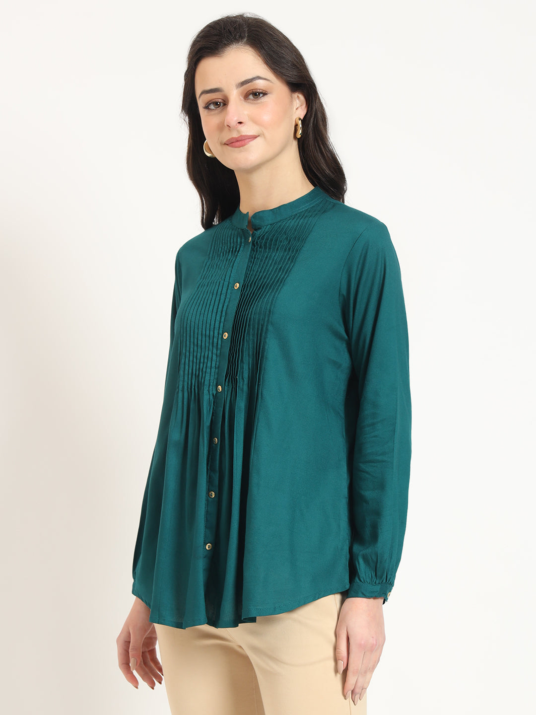 ESHANI Turquoise Solid Print Rayon Fabric Straight Top