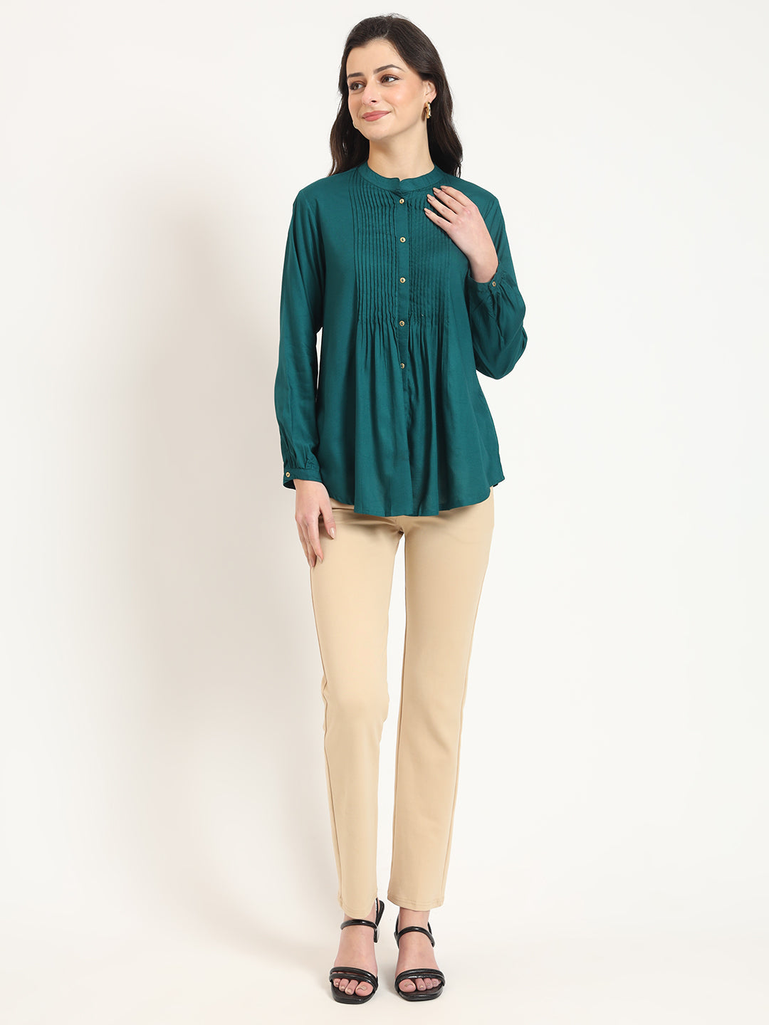 ESHANI Turquoise Solid Print Rayon Fabric Straight Top