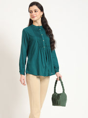 ESHANI Turquoise Solid Print Rayon Fabric Straight Top