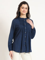 ESHANI Navy Blue Solid Print Rayon Fabric Straight Top