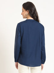 ESHANI Navy Blue Solid Print Rayon Fabric Straight Top