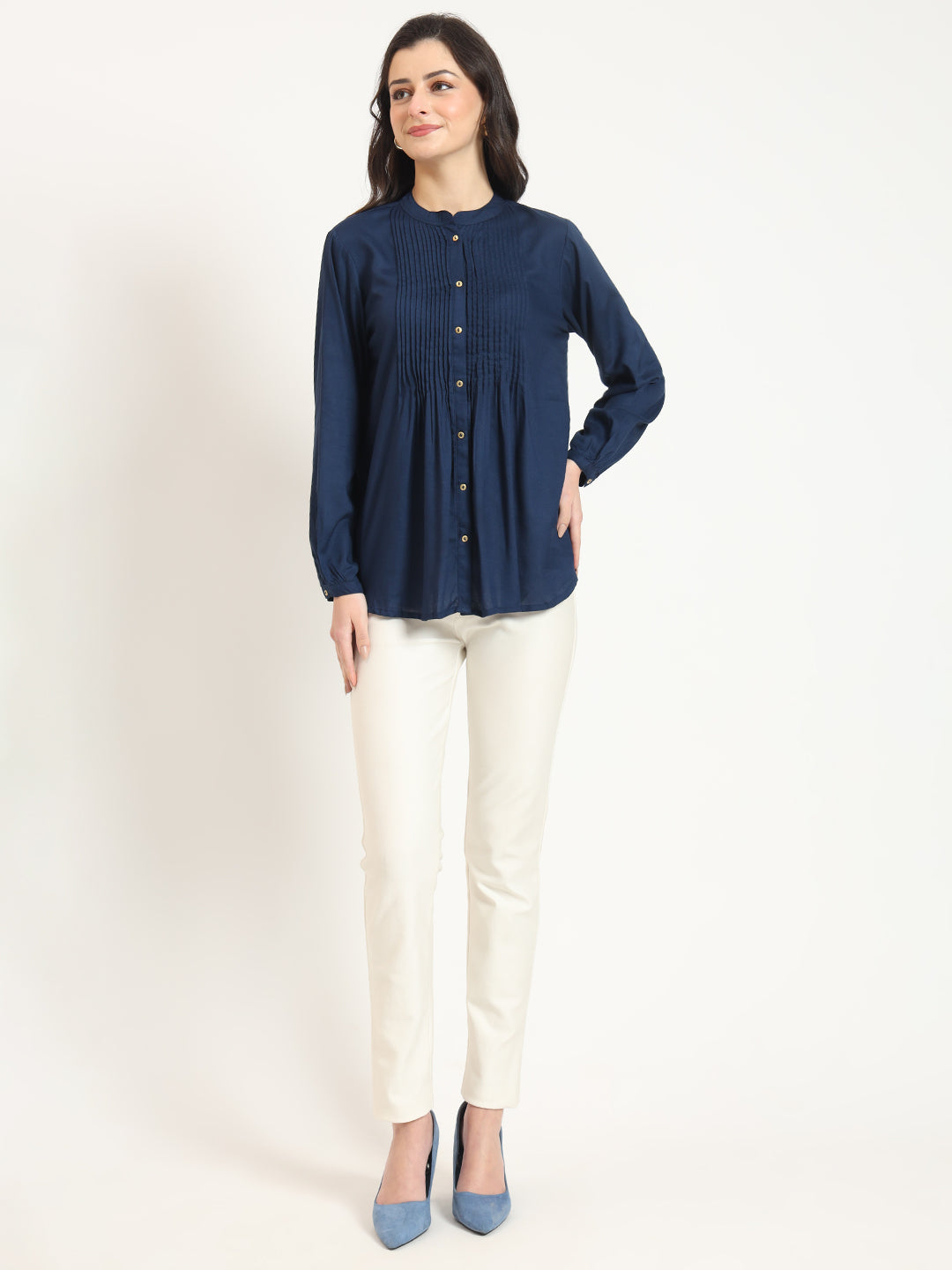 ESHANI Navy Blue Solid Print Rayon Fabric Straight Top