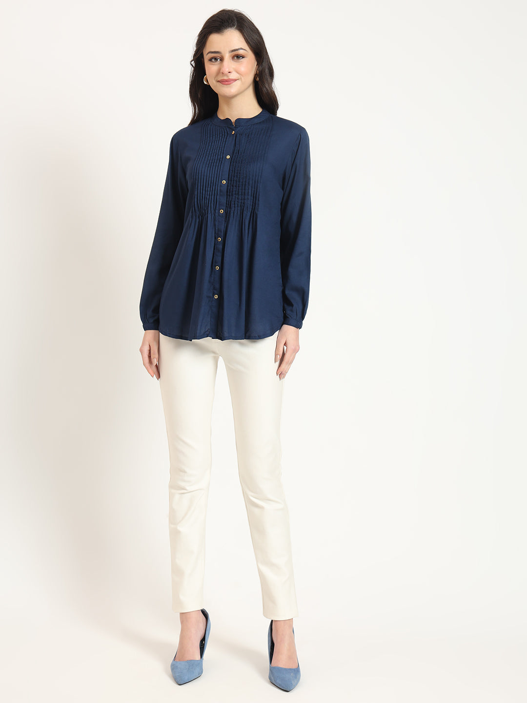 ESHANI Navy Blue Solid Print Rayon Fabric Straight Top