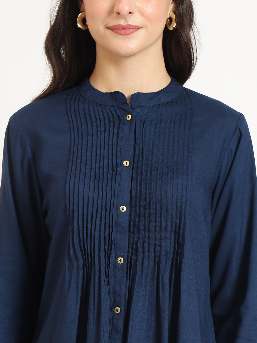 ESHANI Navy Blue Solid Print Rayon Fabric Straight Top