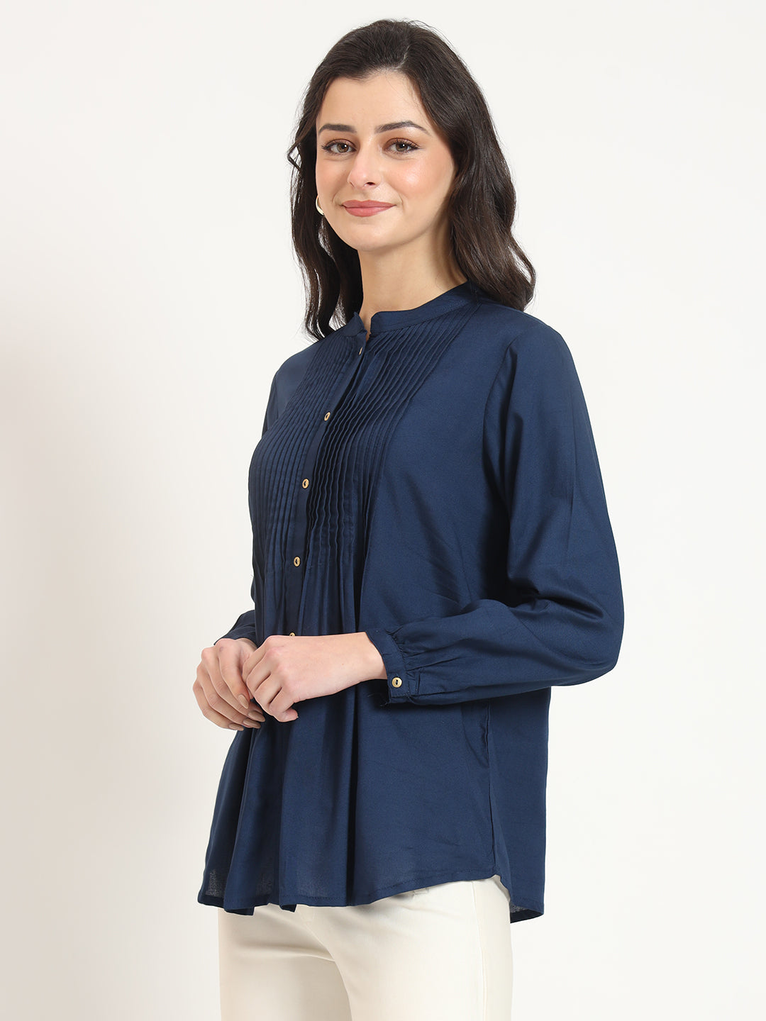ESHANI Navy Blue Solid Print Rayon Fabric Straight Top