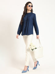 ESHANI Navy Blue Solid Print Rayon Fabric Straight Top