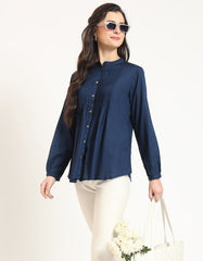 ESHANI Navy Blue Solid Print Rayon Fabric Straight Top