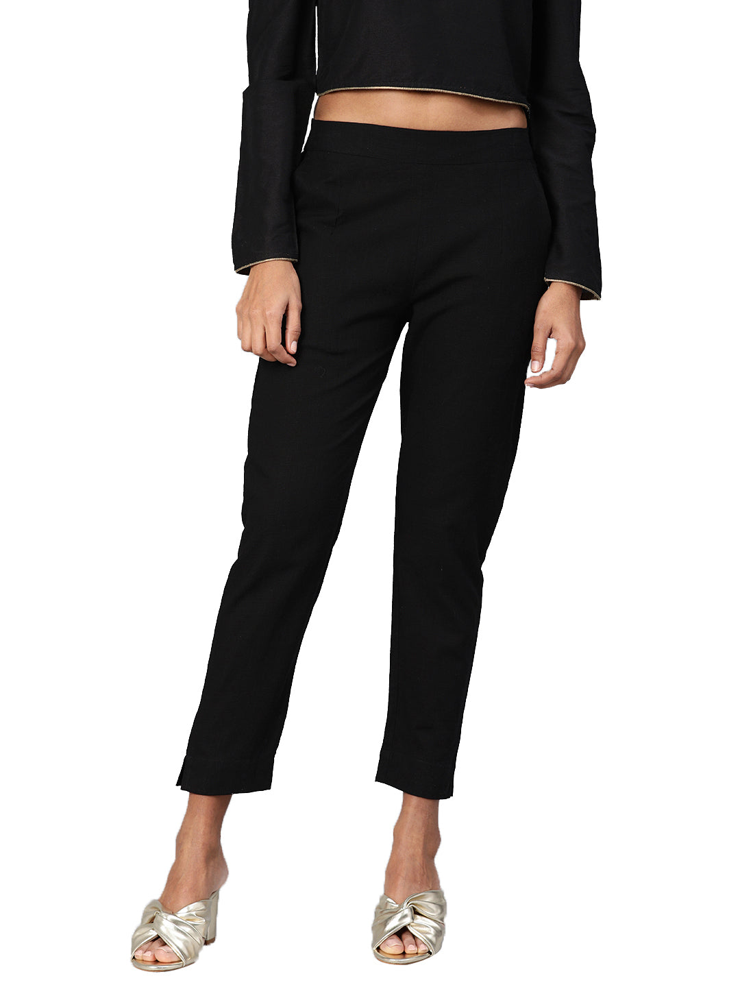 Eshani Women Black Straight Fit Solid Regular Trousers