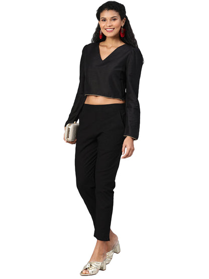 Eshani Women Black Straight Fit Solid Regular Trousers