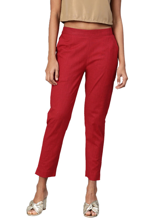 Eshani Women Maroon Straight Fit Solid Regular Trousers