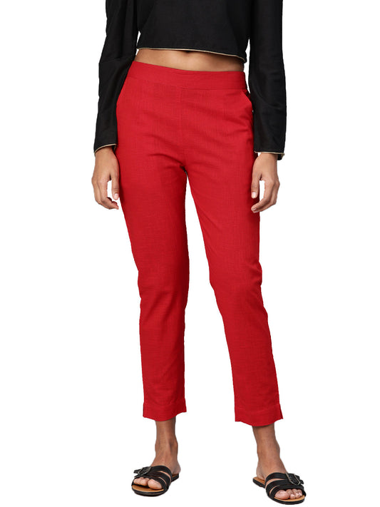 Eshani Women Red Straight Fit Solid Regular Trousers