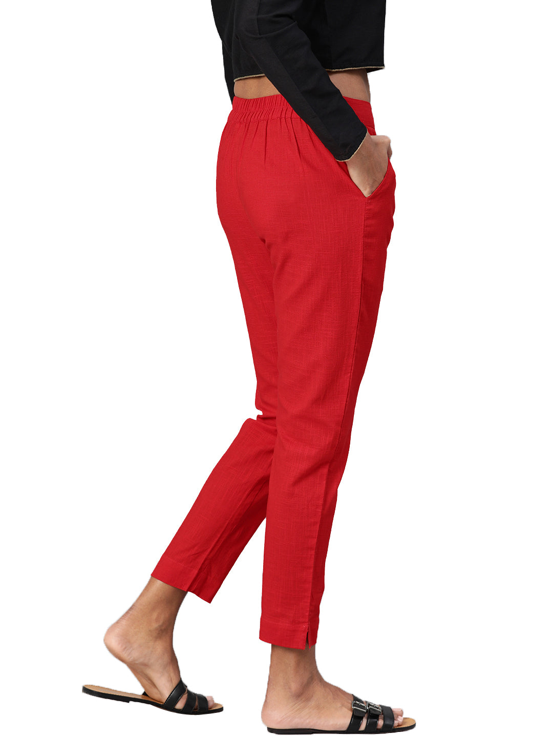 Eshani Women Red Straight Fit Solid Regular Trousers