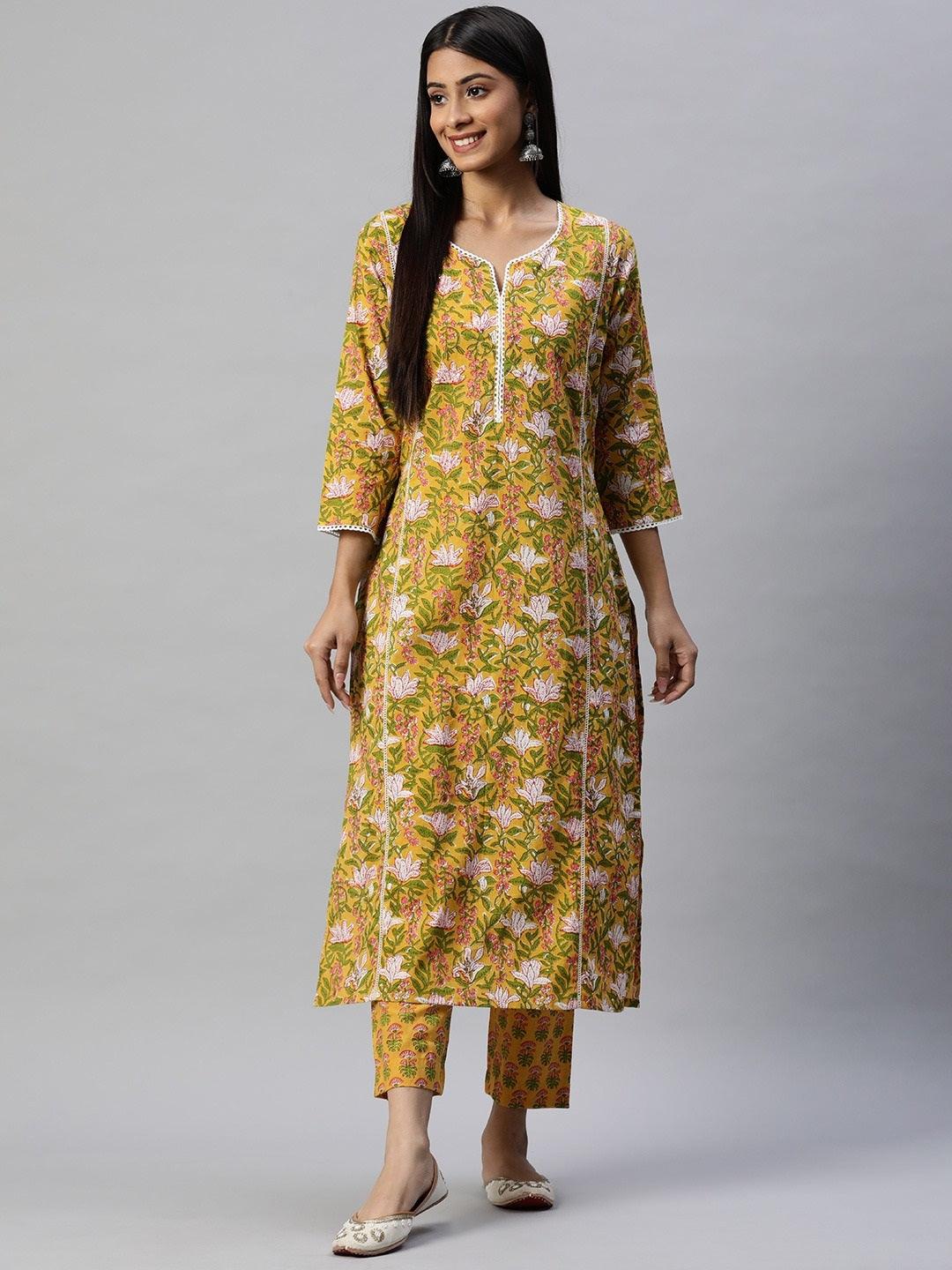 Eshani Yellow Floral Printed Straight Kurta Pant Sets - Eshani world