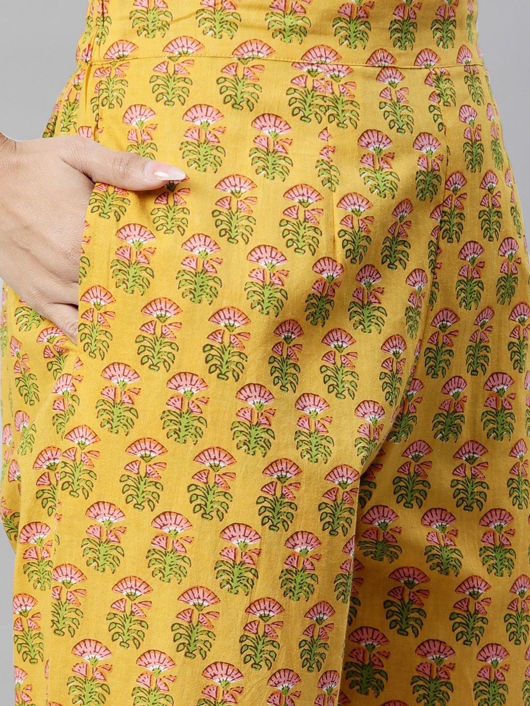 Eshani Yellow Floral Printed Straight Kurta Pant Sets - Eshani world