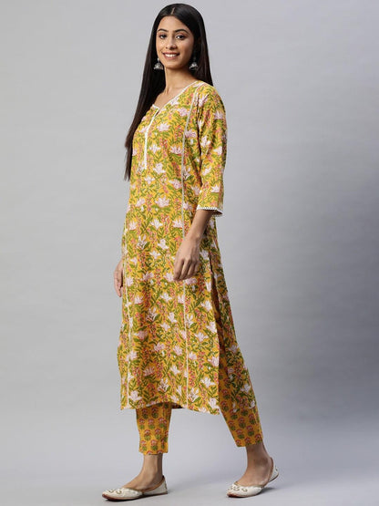 Eshani Yellow Floral Printed Straight Kurta Pant Sets - Eshani world