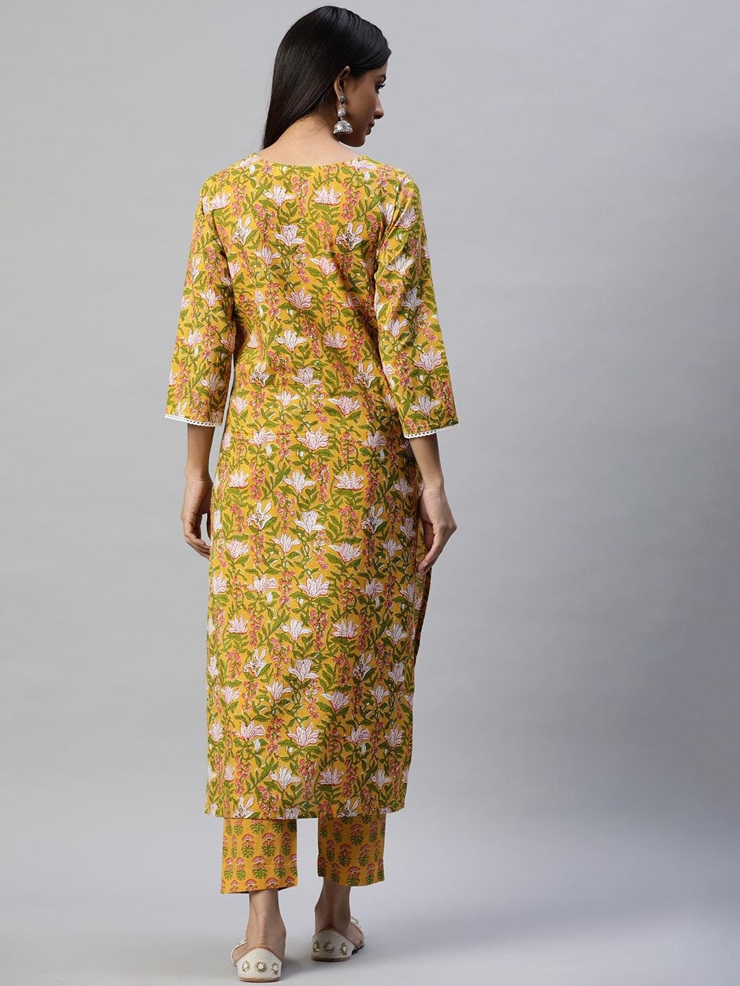 Eshani Yellow Floral Printed Straight Kurta Pant Sets - Eshani world