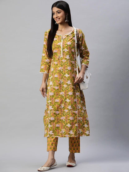 Eshani Yellow Floral Printed Straight Kurta Pant Sets - Eshani world