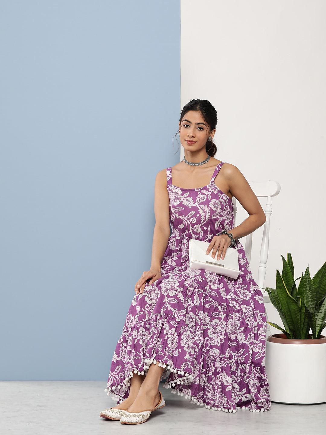 Eshani Purple Floral Shoulder Strip Long Dress - Eshani world