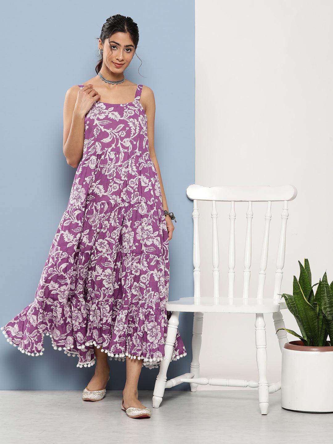 Eshani Purple Floral Shoulder Strip Long Dress - Eshani world