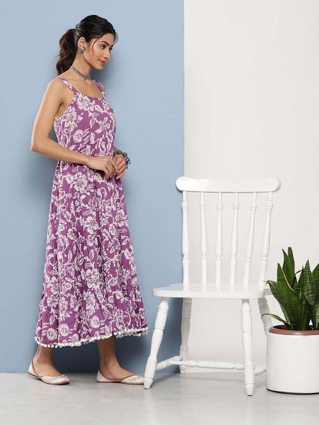 Eshani Purple Floral Shoulder Strip Long Dress - Eshani world