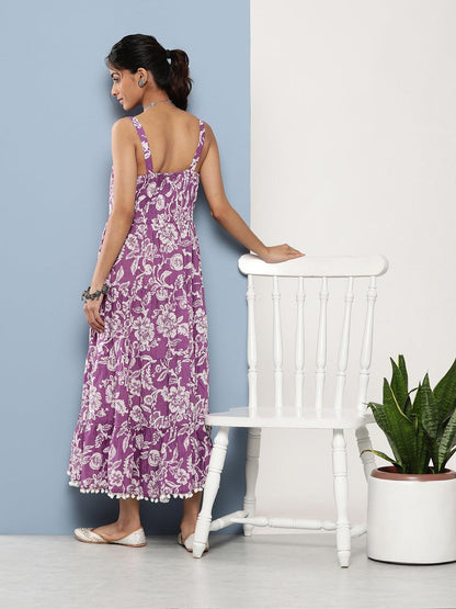 Eshani Purple Floral Shoulder Strip Long Dress - Eshani world