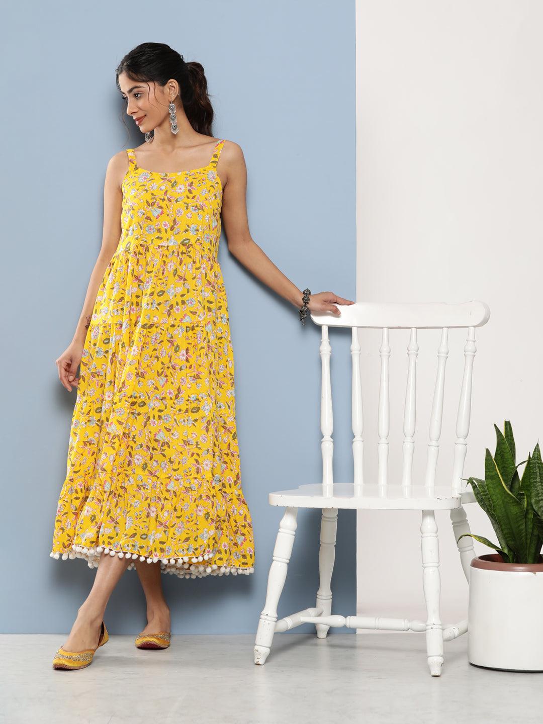 Eshani Yellow Floral Shoulder Strip Long Dress - Eshani world