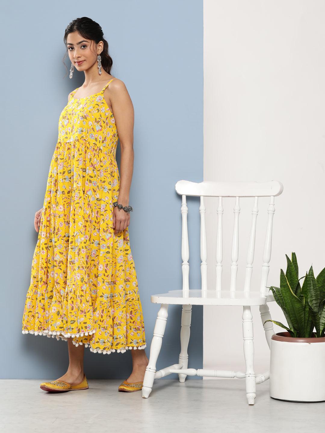 Eshani Yellow Floral Shoulder Strip Long Dress - Eshani world