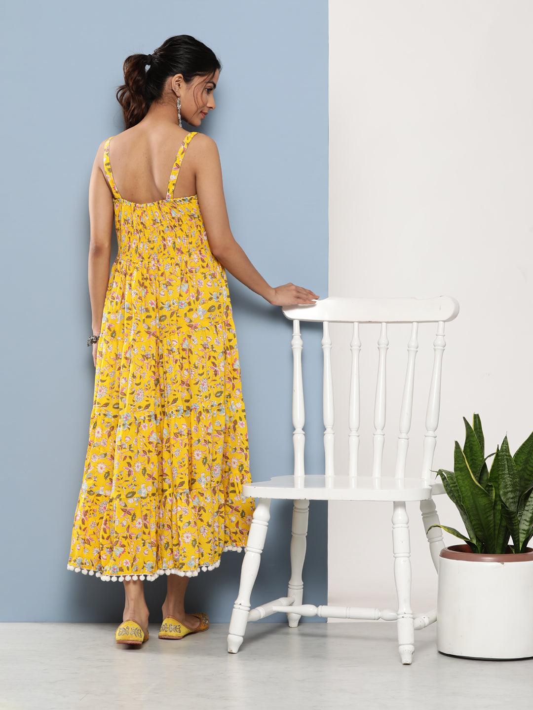 Eshani Yellow Floral Shoulder Strip Long Dress - Eshani world