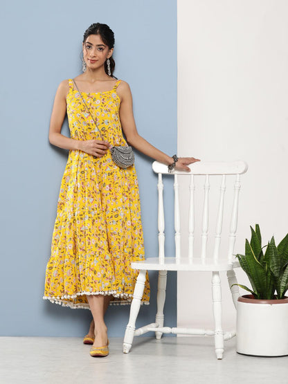 Eshani Yellow Floral Shoulder Strip Long Dress - Eshani world