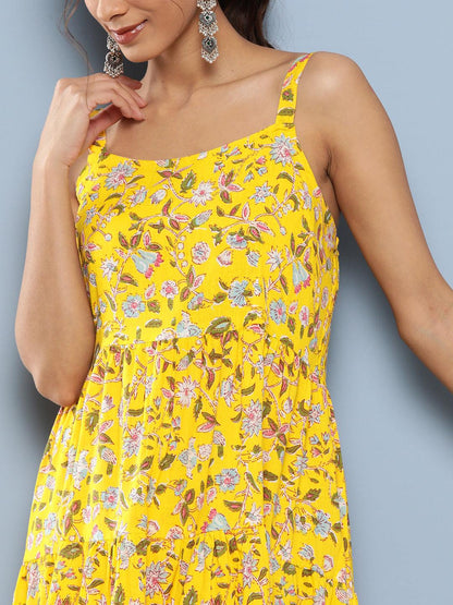 Eshani Yellow Floral Shoulder Strip Long Dress - Eshani world