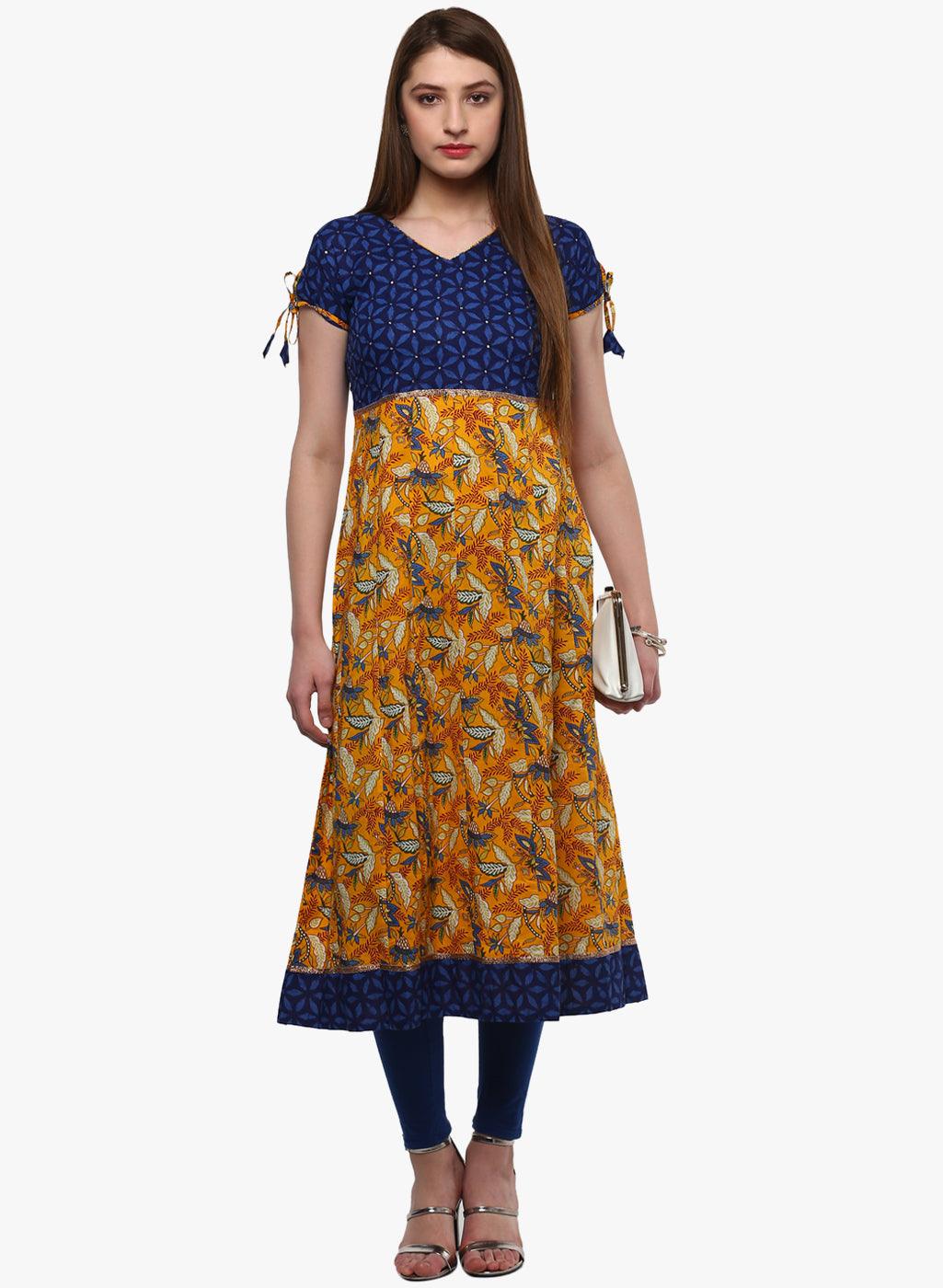 Eshani Gorgeous Blue And Mustard Anarkali - Eshani world