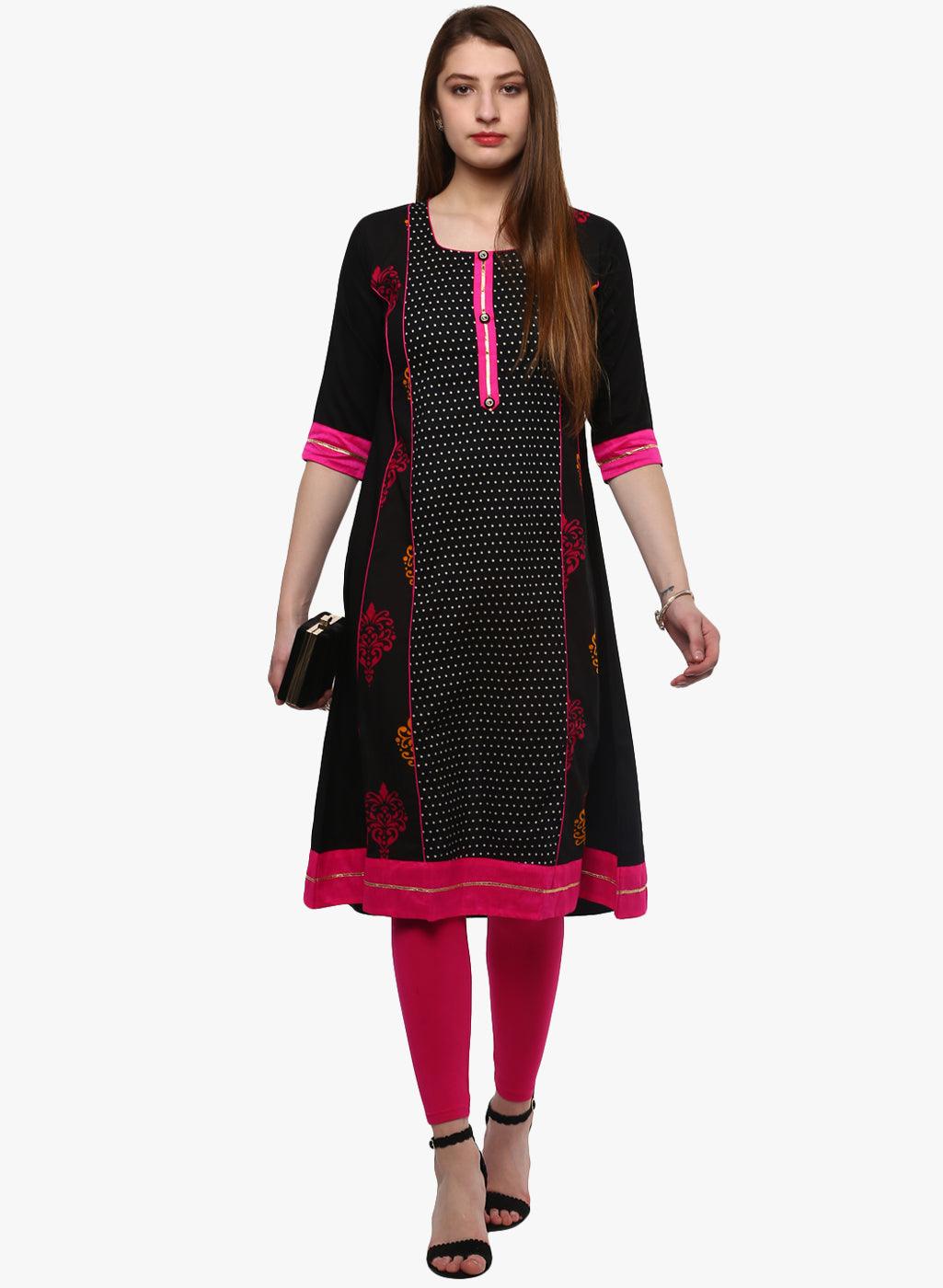 Eshani Black Printed A-Line Rayon And Cotton Kurta - Eshani world