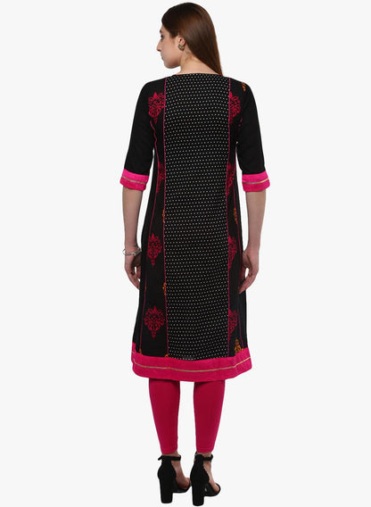 Eshani Black Printed A-Line Rayon And Cotton Kurta - Eshani world