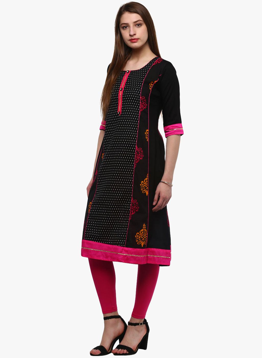 Eshani Black Printed A-Line Rayon And Cotton Kurta - Eshani world