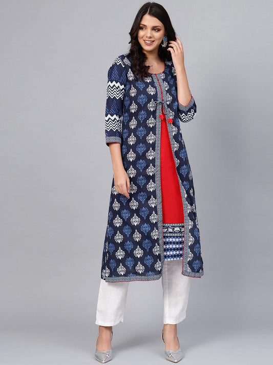 Eshani Blue Cotton & Rayon A-line Kurti - Eshani world