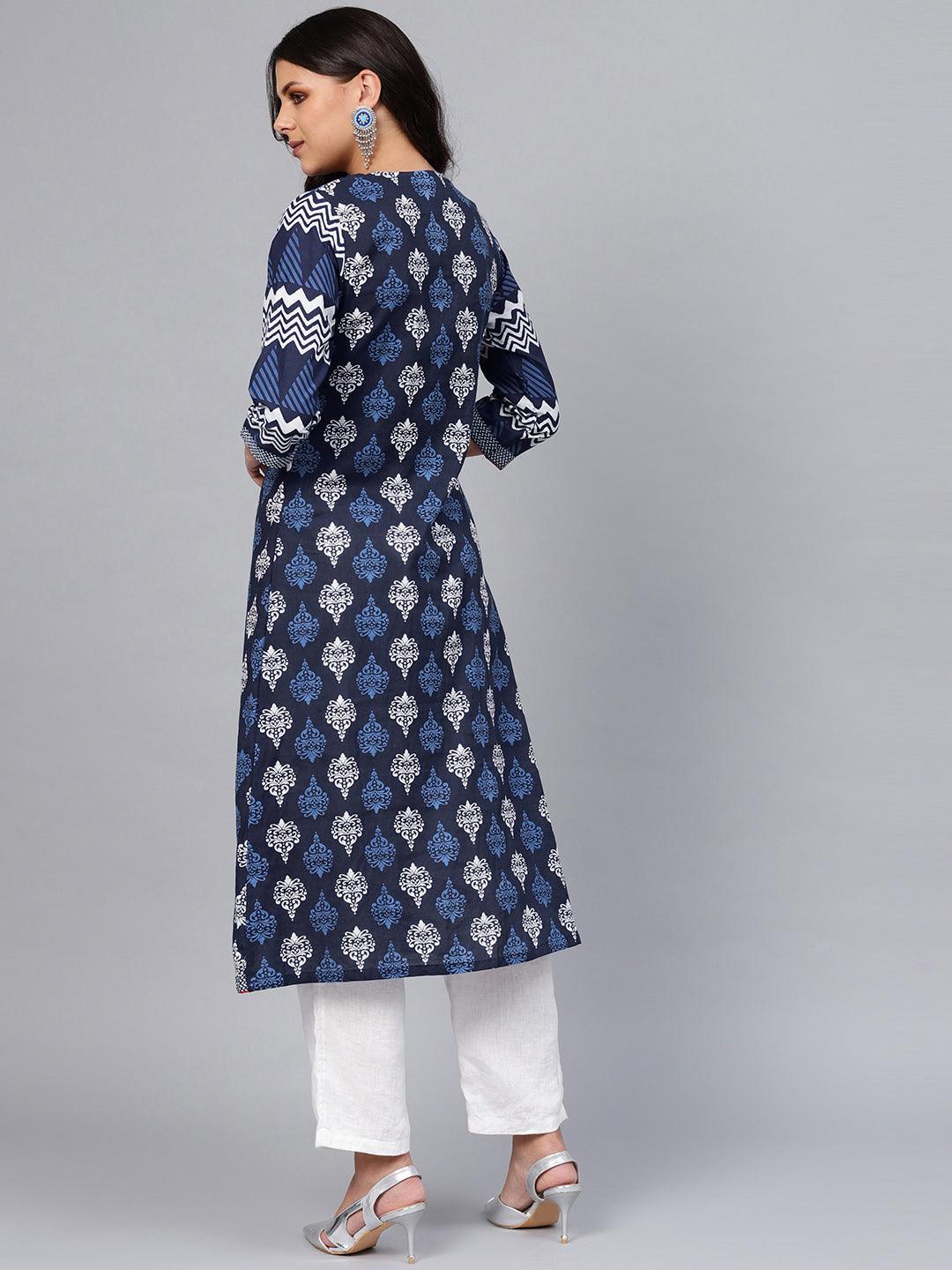 Eshani Blue Cotton & Rayon A-line Kurti - Eshani world