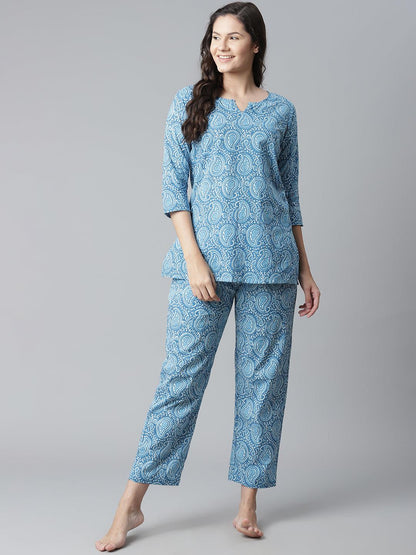 Eshani Blue Printed Cotton Nightwear - Eshani world