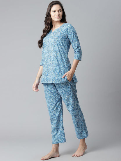 Eshani Blue Printed Cotton Nightwear - Eshani world