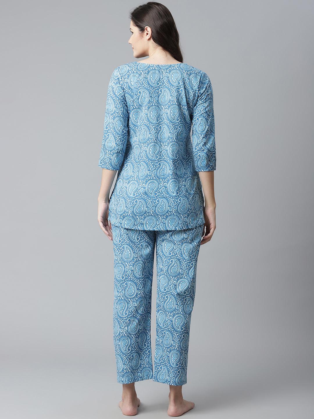 Eshani Blue Printed Cotton Nightwear - Eshani world