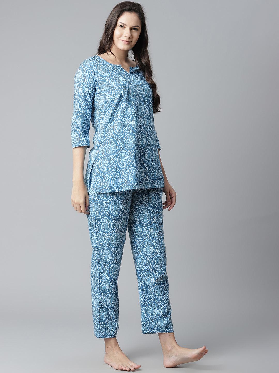 Eshani Blue Printed Cotton Nightwear - Eshani world