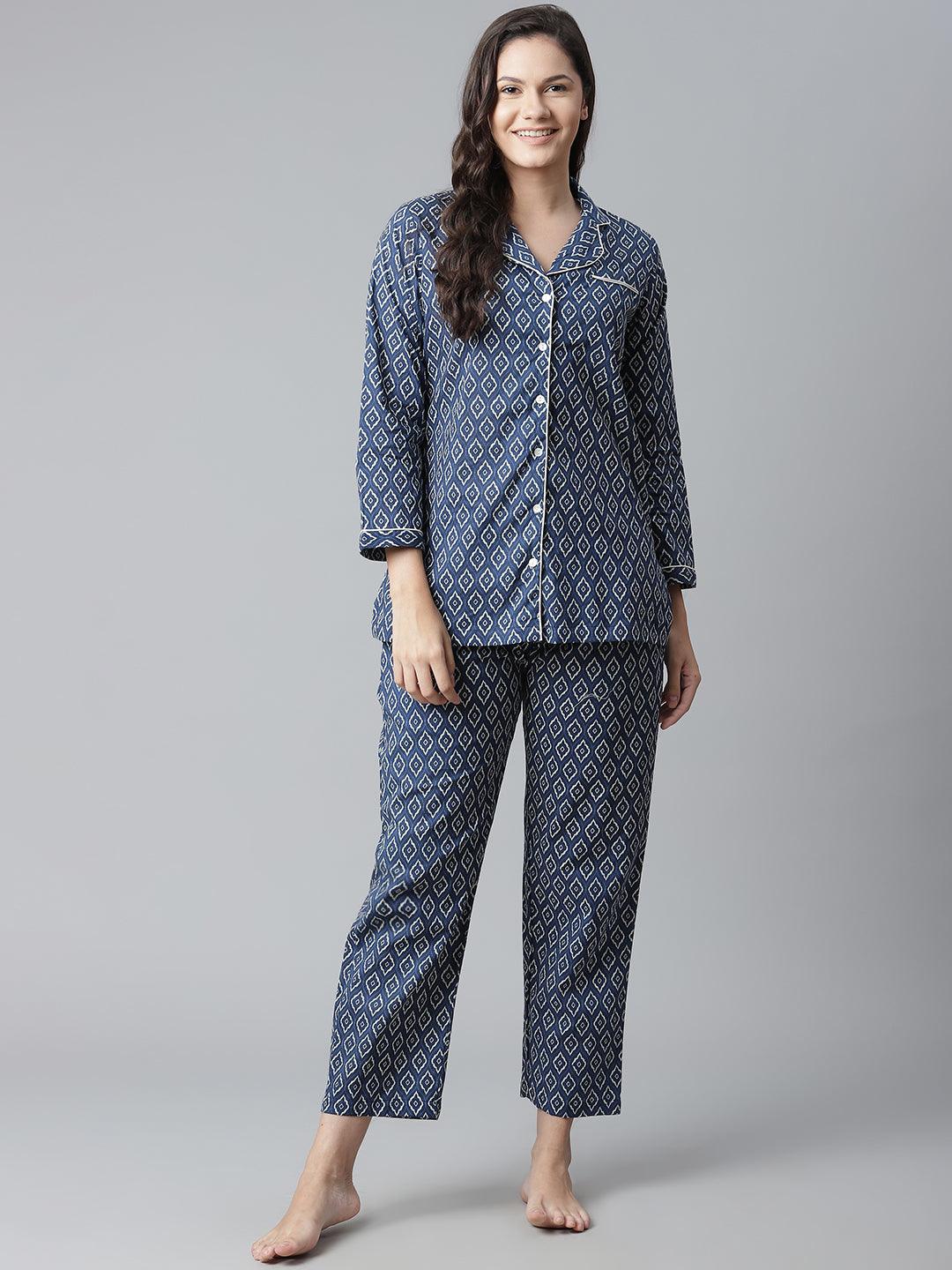 Eshani Indigo Printed Cotton Nightsuit - Eshani world