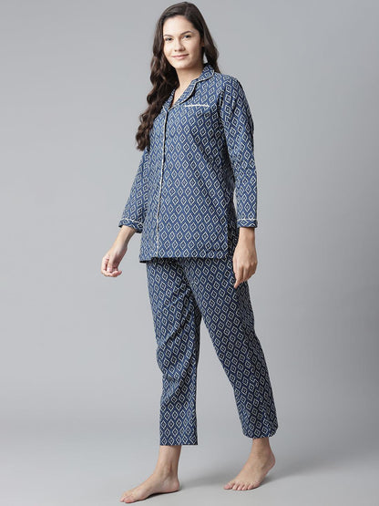 Eshani Indigo Printed Cotton Nightsuit - Eshani world