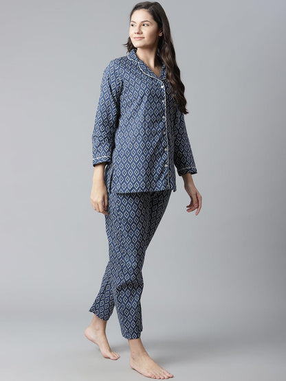 Eshani Indigo Printed Cotton Nightsuit - Eshani world