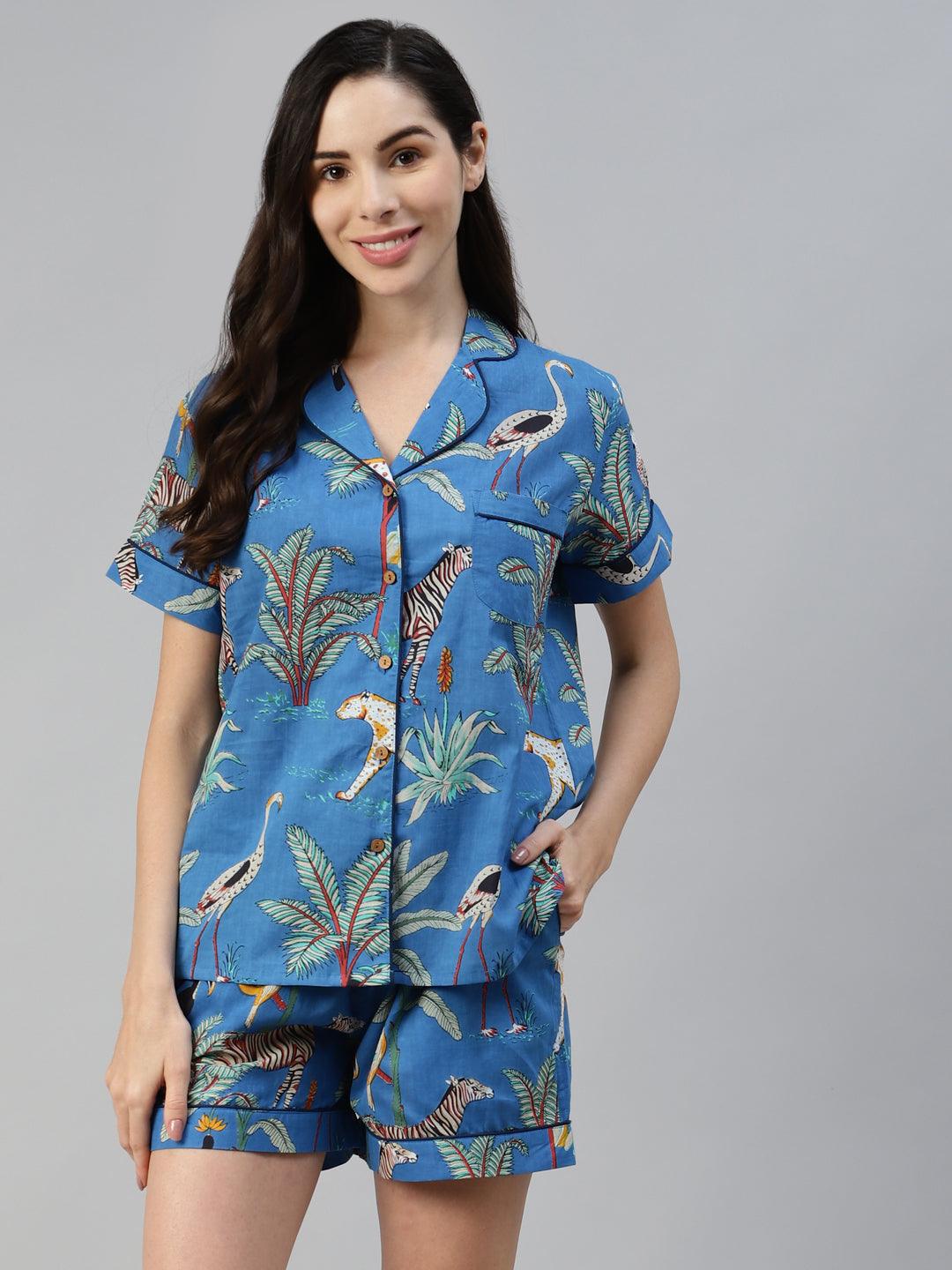 Eshani Teal blue Cotton Animal Print Night suit - Eshani world