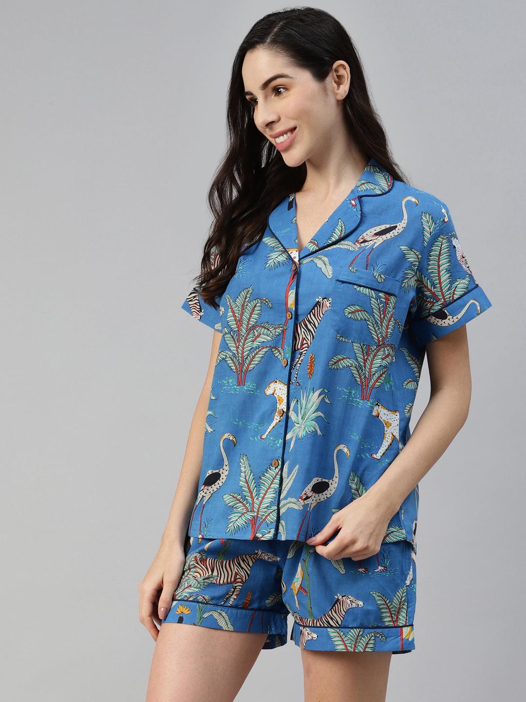 Eshani Teal blue Cotton Animal Print Night suit - Eshani world