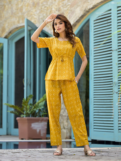 Eshani Mustard Cotton A-line Night Suit with Adjustable Waist Dori